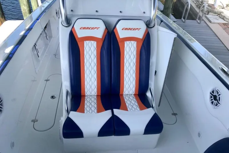 Slide: The Image of 2020 Concept 36' Cuddy Cabin boat with custom orange and blue seating. - 8