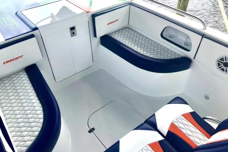Slide: The Image of 2020 Concept 36' Cuddy Cabin interior with diamond-stitched seating and modern design. - 9