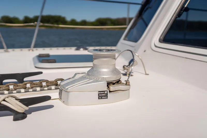 Slide: The Image of Close-up of anchor windlass on 2002 PDQ Power Catamaran MV/34 Passagemaker. - 49