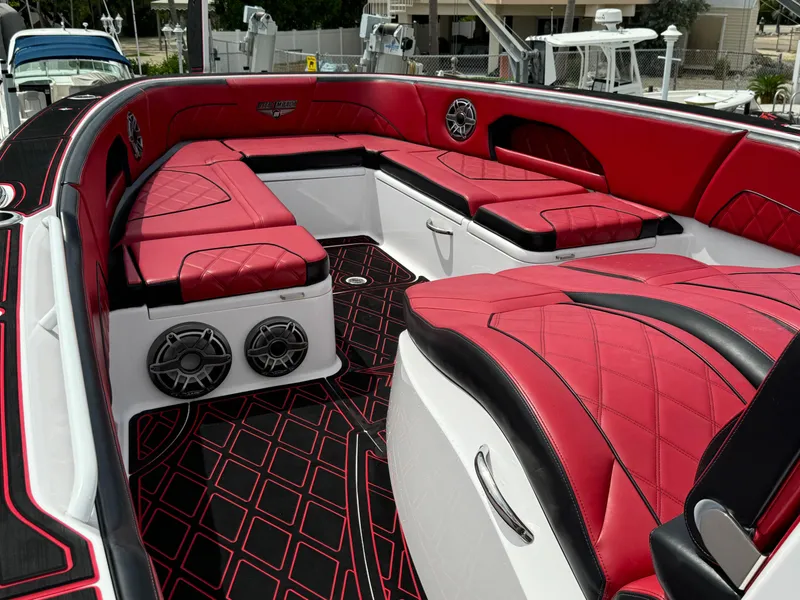 Slide: The Image of Luxurious red and black interior of 2022 Deep Impact 399 boat. - 41