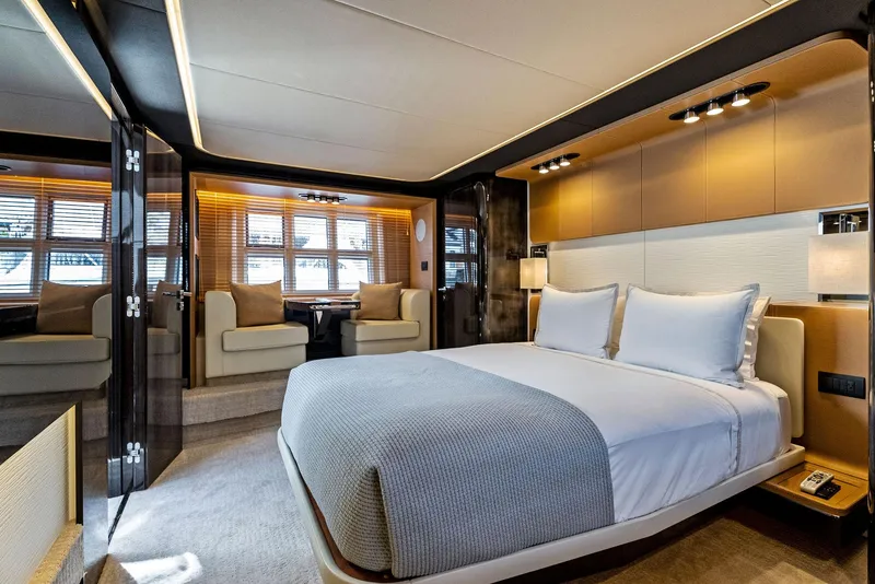 Slide: The Image of Luxurious bedroom interior of 2019 Azimut 77S yacht with modern design and cozy ambiance. - 19
