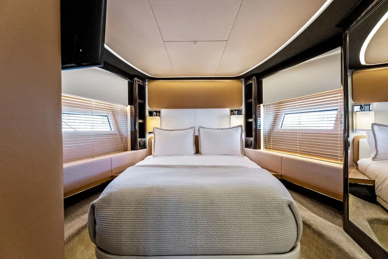 Slide: The Image of Luxurious bedroom interior of 2019 Azimut 77S yacht with modern design and elegant furnishings. - 23
