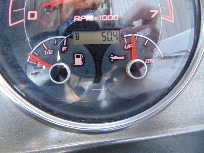 Slide: The Image of Close-up of 2021 Hurricane SunDeck Sport 188 OB boat dashboard gauges. - 14