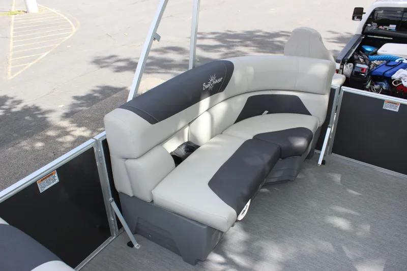 Slide: The Image of 2021 SunChaser Geneva Cruise 24 SB pontoon boat interior seating. - 12