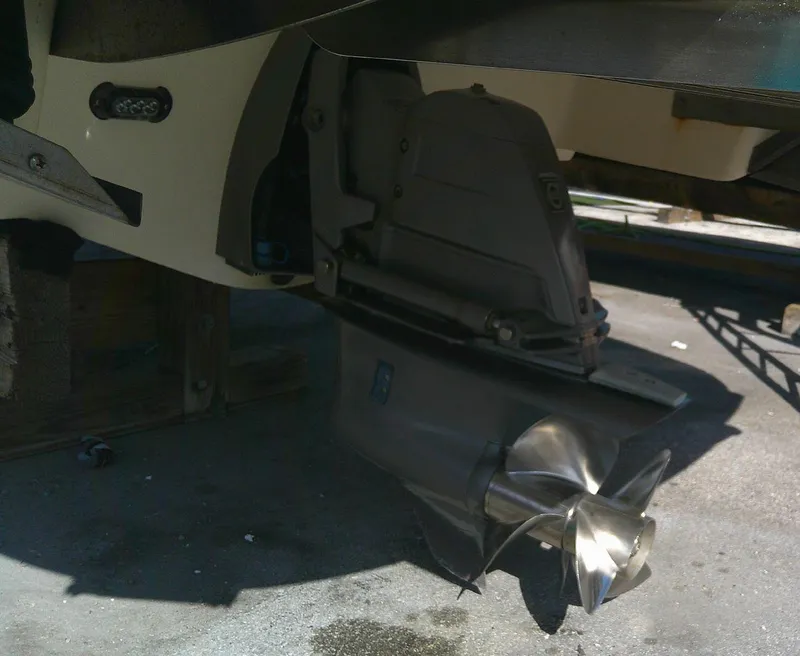 Slide: The Image of Close-up of 2017 Regal 2800 Bowrider boat propeller and stern drive. - 8