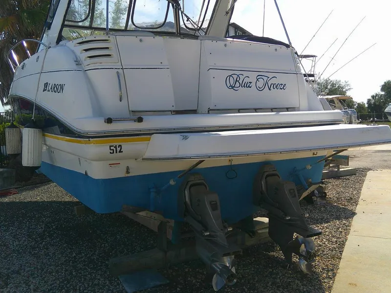 Slide: The Image of 2005 Larson Cabrio 330 boat named Blue Trooze on a trailer. - 10