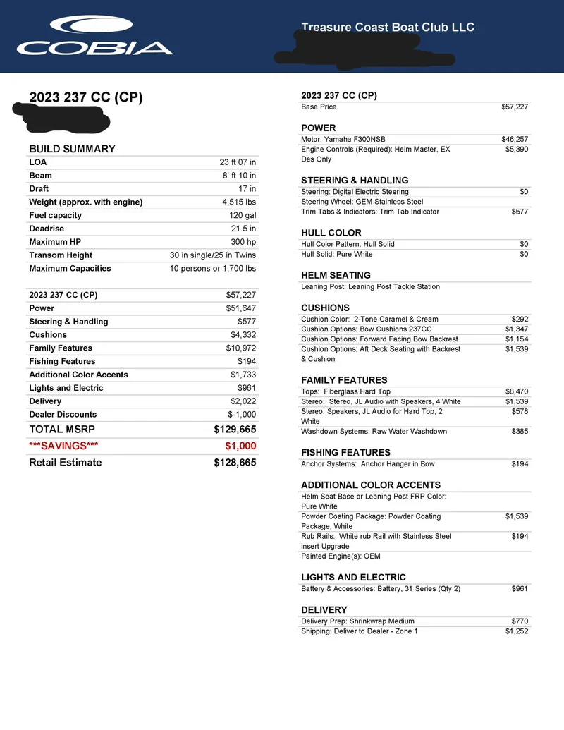 Slide: The Image of 2023 Cobia 237 Center Console boat specifications and pricing sheet. - 11