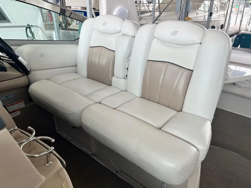 Slide: The Image of 2007 Four Winns 358 Vista boat interior seating with white and beige leather upholstery. - 4