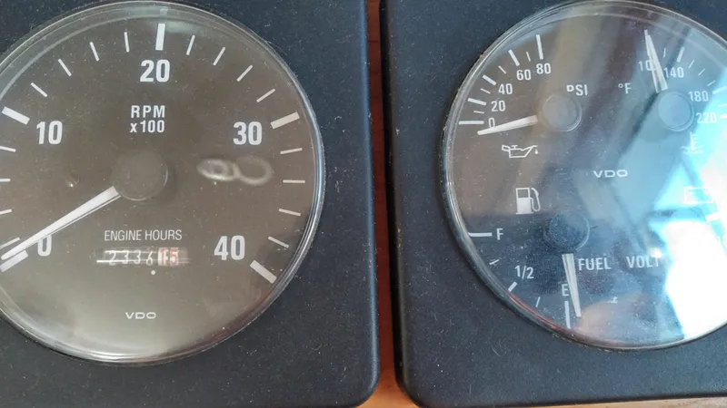 Slide: The Image of Close-up of 1999 Mainship 350 Trawler engine hour and fuel gauges. - 23