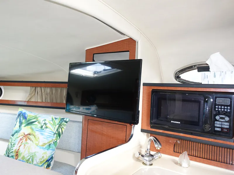 Slide: The Image of Interior of 2004 Sea Ray 280 Sundancer with TV, microwave, and tropical pillow. - 15