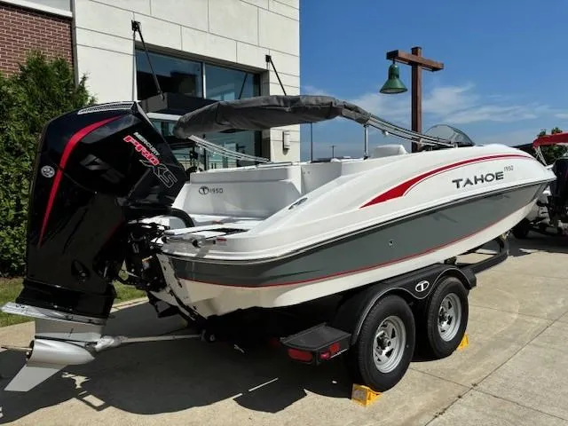 Slide: The Image of 2024 Tahoe 1950 boat on trailer with Mercury Pro XS outboard motor. - 4