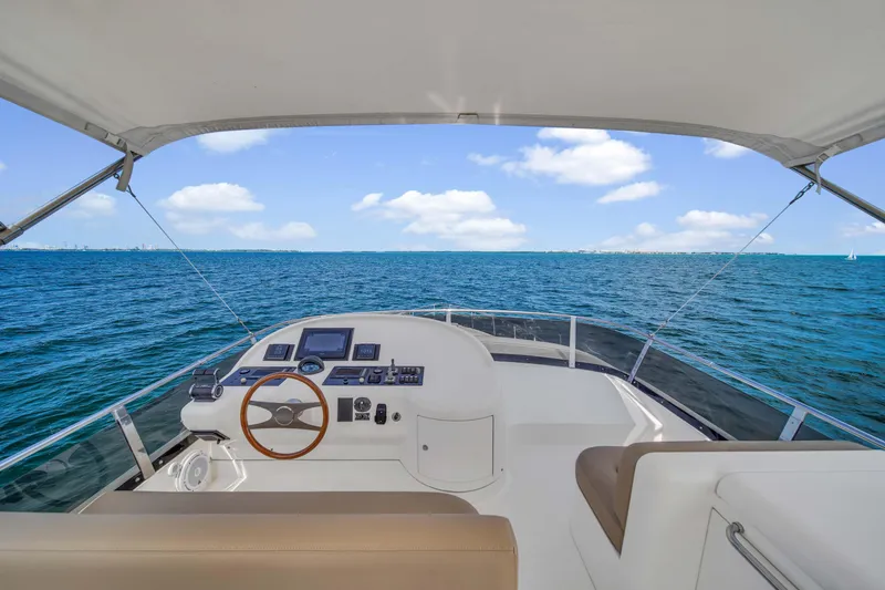 Slide: The Image of 2006 Uniesse 58 yacht helm station with ocean view and clear blue sky. - 41