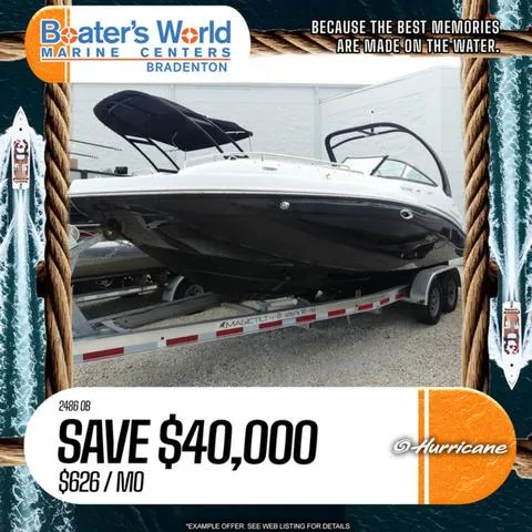 Slide: The Image of 2024 Hurricane SunDeck 2486 OB boat on a trailer, black and white exterior. - 1