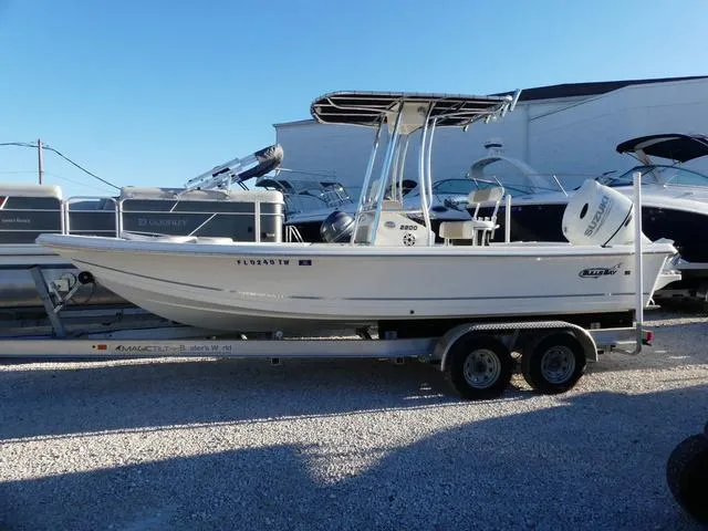 Slide: The Image of 2024 Bulls Bay 2200 boat on trailer, parked in a marina. - 2