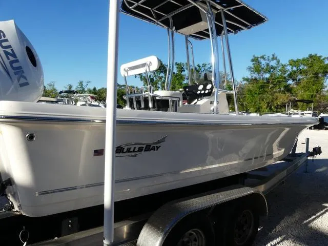 Slide: The Image of 2024 Bulls Bay 2200 boat on trailer, featuring sleek design and modern equipment. - 5