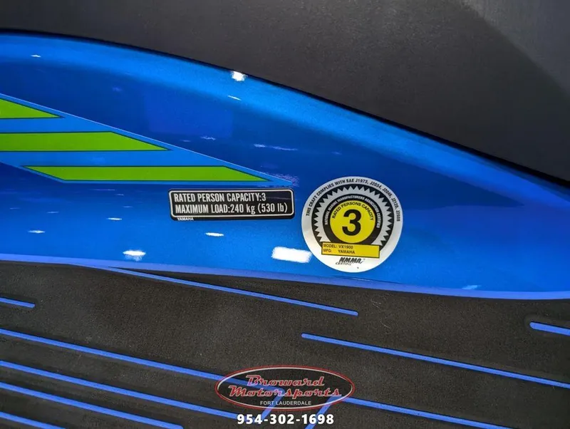 Slide: The Image of 2024 Yamaha VX® Limited HO, blue with green accents, rated for 3 persons, 240 kg max load. - 14