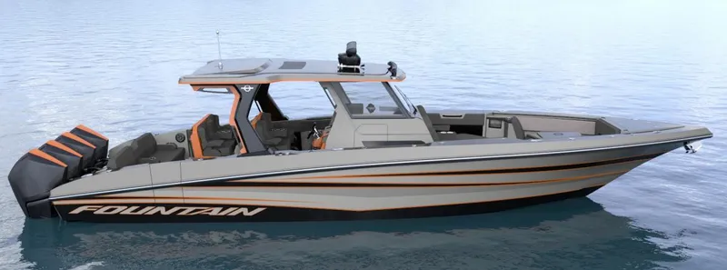 The Image of 2025 Fountain 38 SCX boat with triple outboard engines on calm water. - 0