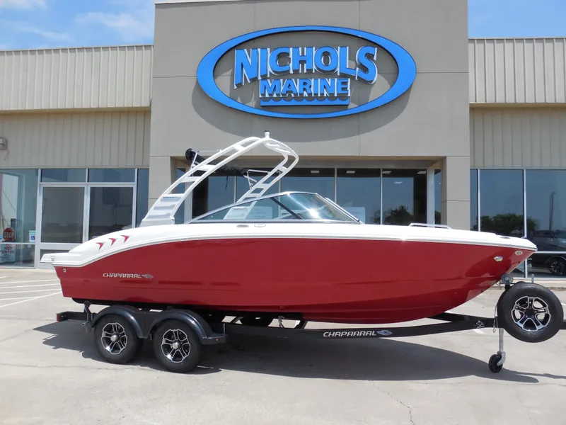 Slide: The Image of 2024 Chaparral 21 SSi boat in red at Nichols Marine dealership. - 1