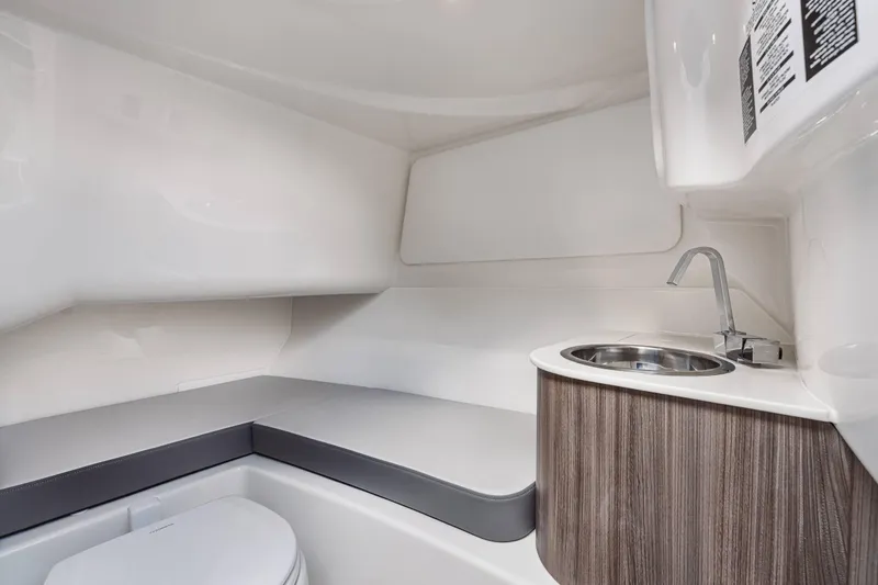 Slide: The Image of 2025 Sea Ray 250SDX interior cabin with sink and seating area. - 40