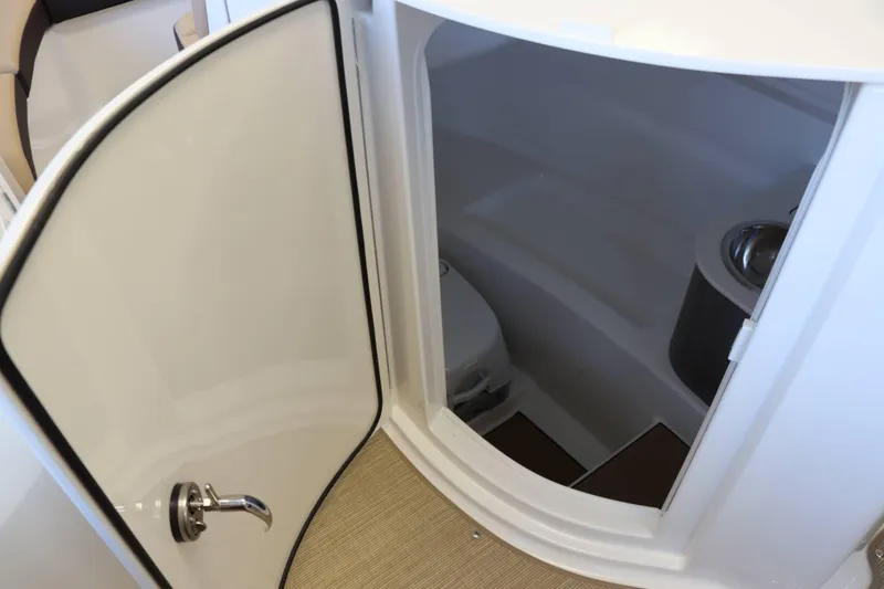 Slide: The Image of 2025 Sea Ray 250SDX boat interior with open door revealing compact bathroom. - 8