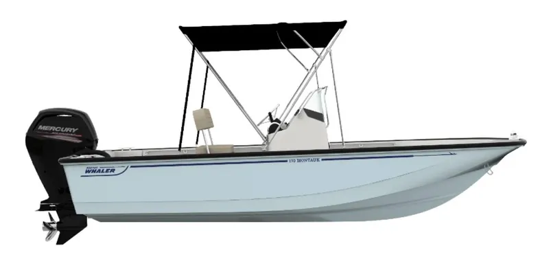 Slide: The Image of 2024 Boston Whaler 170 Montauk boat with Mercury outboard motor and black canopy. - 5
