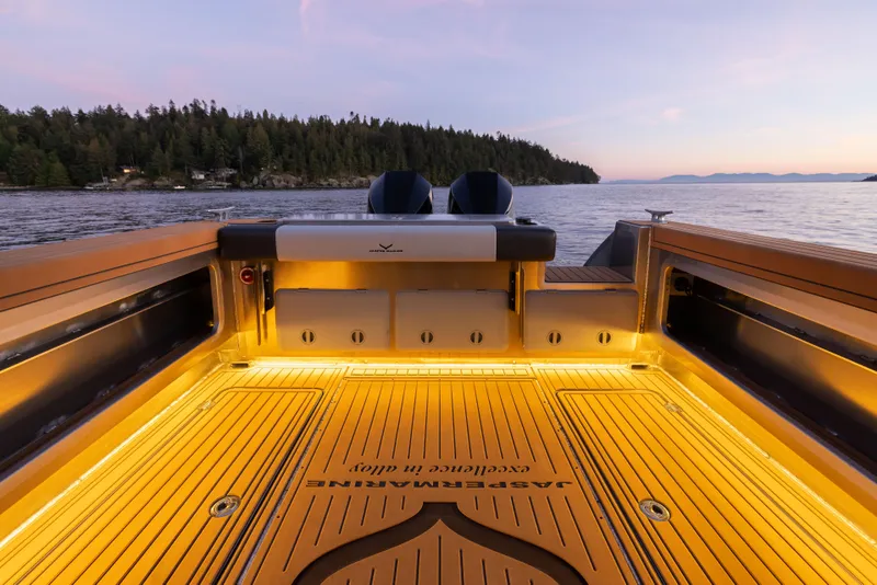 Slide: The Image of 2025 Jasper Marine Defender 22 boat interior with scenic ocean view at sunset. - 45