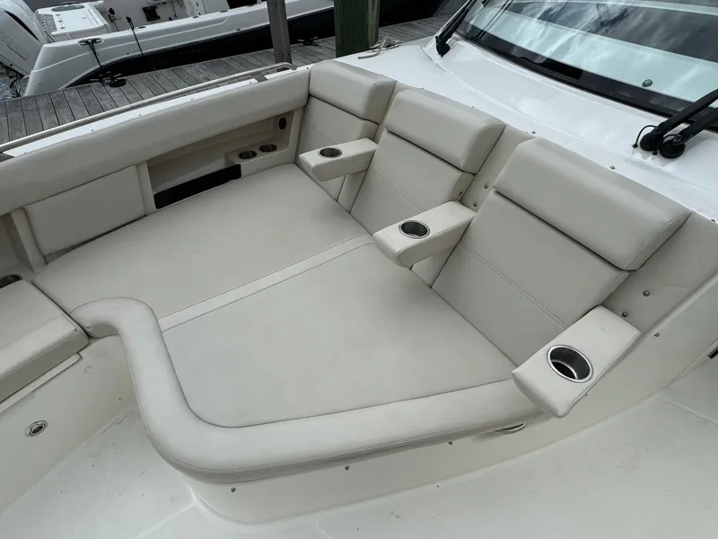 Slide: The Image of Luxurious seating area on a 2020 Boston Whaler 380 Realm boat. - 33