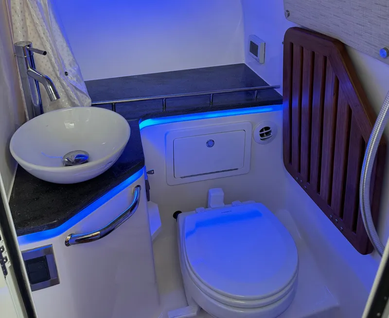 Slide: The Image of 2020 Boston Whaler 380 Realm bathroom with modern sink and toilet, blue LED lighting. - 41