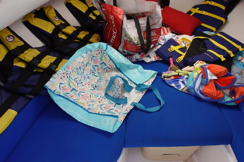 Slide: The Image of Interior of a 1999 Pro-Line 221 Walk boat with life jackets and colorful bags on blue seating. - 14