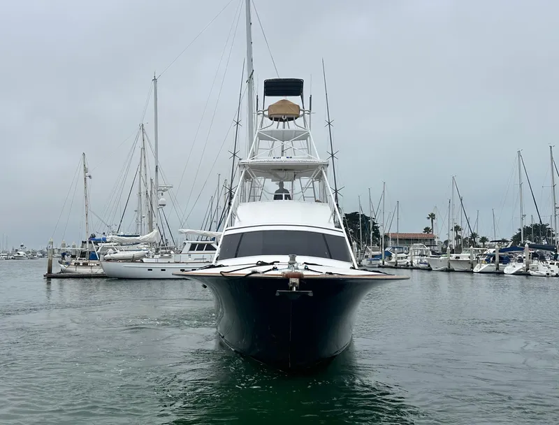 Slide: The Image of 1991 Buddy Davis Convertible yacht cruising on open sea with distant mountains. - 2