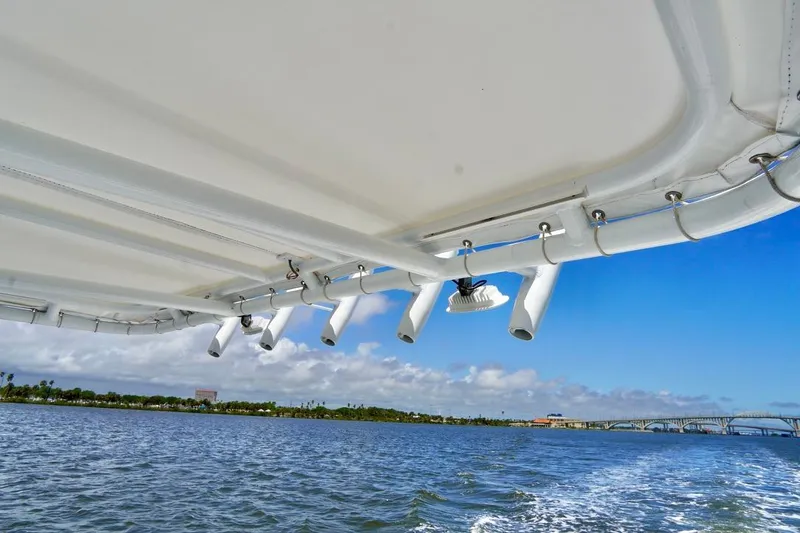 Slide: The Image of View from Ocean Runner 27 CC boat, 1993 model, cruising on water. - 13