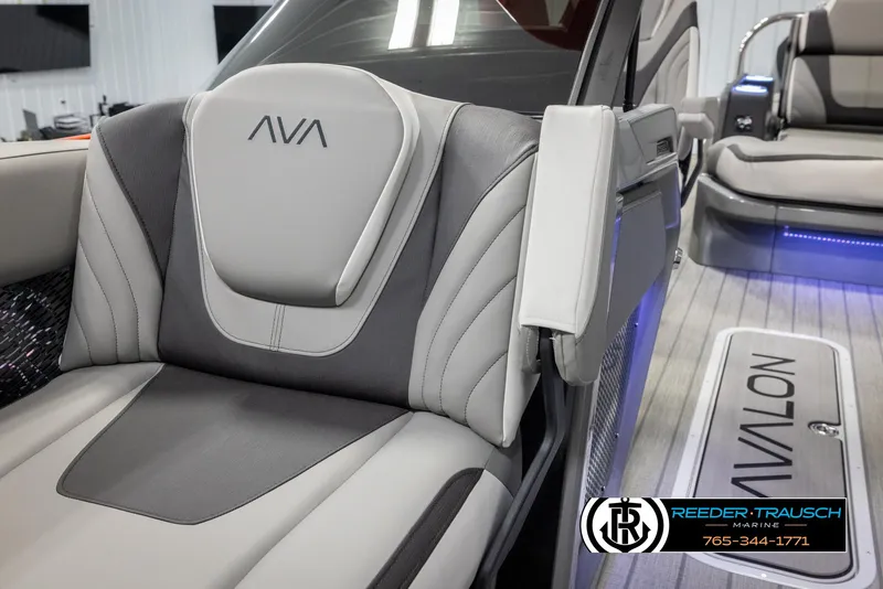 Slide: The Image of 2024 Avalon Excalibur VRB luxury boat seating with Reeder-Trausch Marine logo. - 22