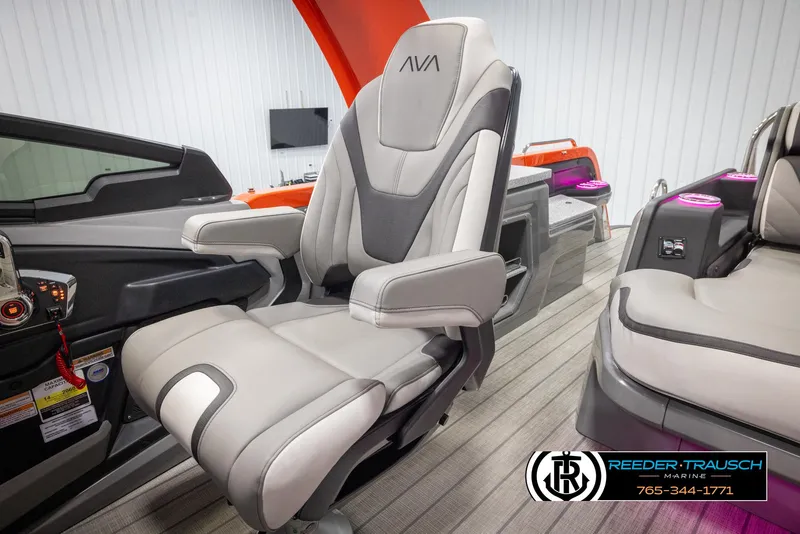 Slide: The Image of 2024 Avalon Excalibur VRB captain's chair in luxury boat interior. - 23