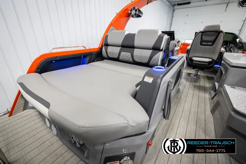Slide: The Image of 2024 Avalon Excalibur VRB boat interior with luxurious seating and modern design. - 30
