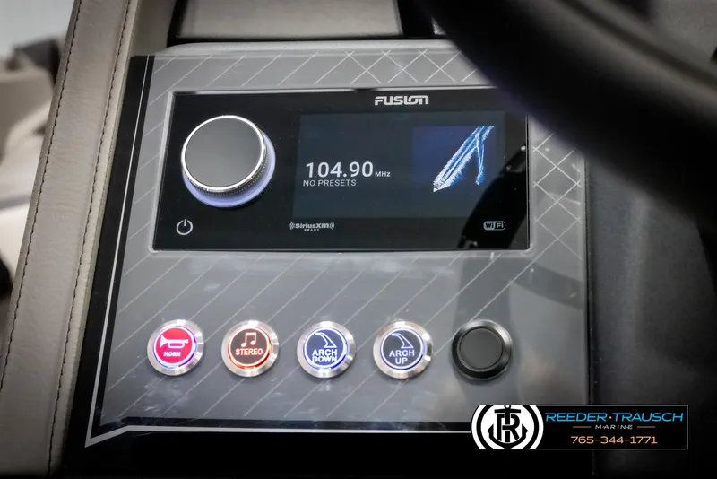 Slide: The Image of 2024 Avalon Excalibur VRB dashboard with Fusion stereo system and control buttons. - 37