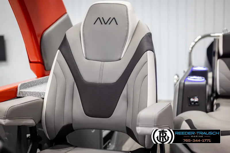Slide: The Image of 2024 Avalon Excalibur VRB boat seat with modern design and Reeder-Trausch Marine logo. - 42