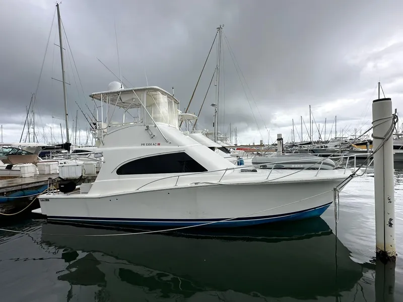 The Image of 2005 Luhrs 38 Convertible yacht docked in a marina under cloudy skies. - 0