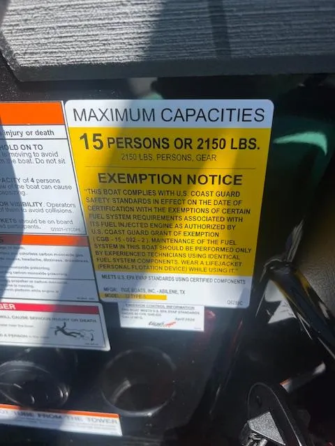 Slide: The Image of 2024 ATX Surf Boats 22 Type-S maximum capacity label, 15 persons or 2150 lbs. - 15