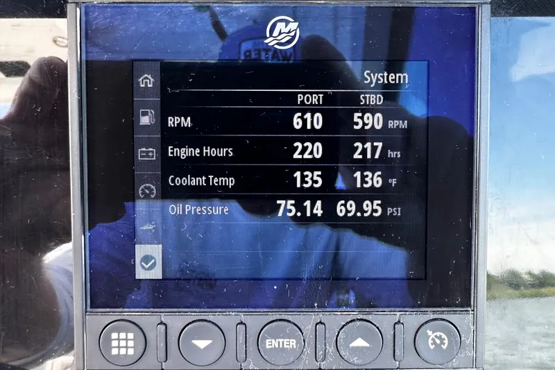 Slide: The Image of Blackfin 252 DC 2021 boat system display showing RPM, engine hours, coolant temp, and oil pressure. - 14