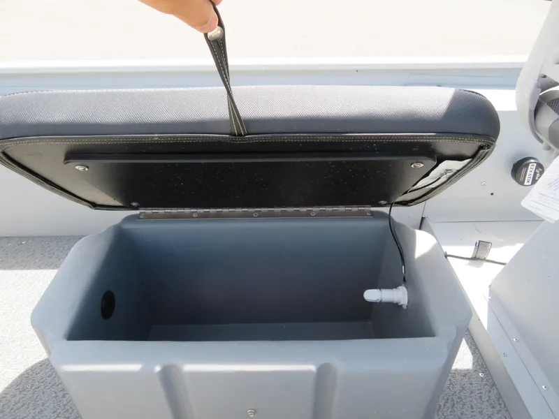 Slide: The Image of 2023 G3 Sportsman 1610 SS boat storage compartment with open lid. - 14