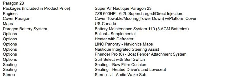 Slide: The Image of 2023 Nautique Super Air Nautique G23 Paragon features and options list. - 14