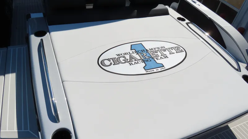Slide: The Image of 2024 Cigarette 41 Nighthawk SD Edition boat deck with logo. - 11