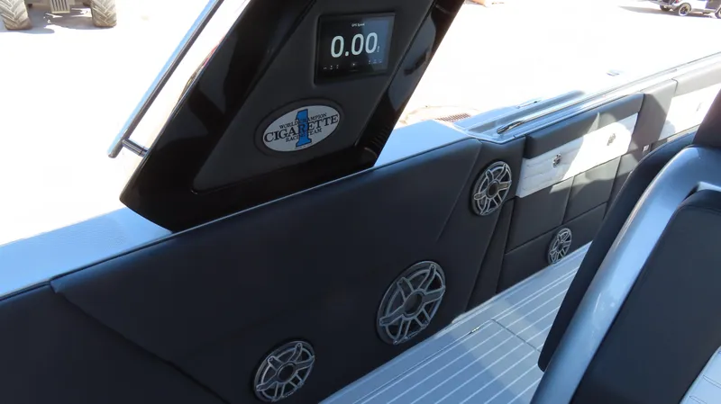 Slide: The Image of 2024 Cigarette 41 Nighthawk SD Edition interior with advanced audio system and digital display. - 31