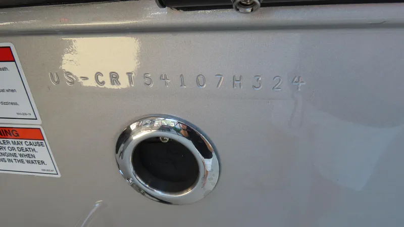 Slide: The Image of 2024 Cigarette 41 Nighthawk SD Edition hull identification number (HIN) and warning label. - 6