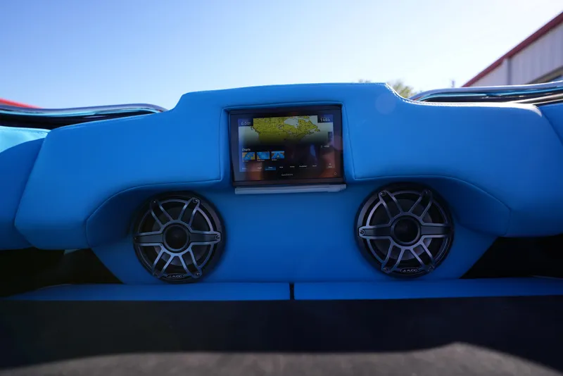 Slide: The Image of Dashboard of 2025 Cigarette 41 Nighthawk with navigation screen and speakers. - 19