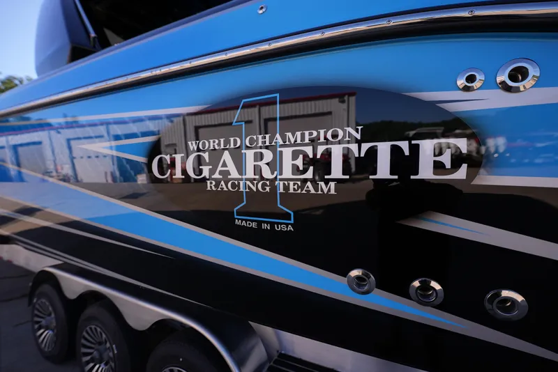 Slide: The Image of 2025 Cigarette 41 Nighthawk boat with World Champion Cigarette Racing Team logo. - 4