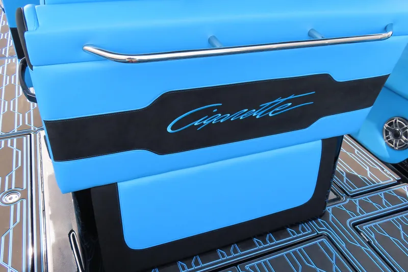 Slide: The Image of Blue and black seating on 2025 Cigarette 41 Nighthawk boat interior. - 42