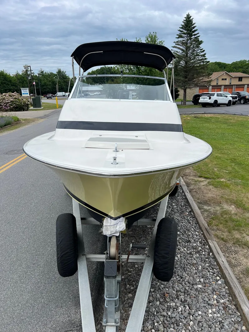 Slide: The Image of 1969 Bertram Bahia Mar 20 boat on trailer, front view. - 17