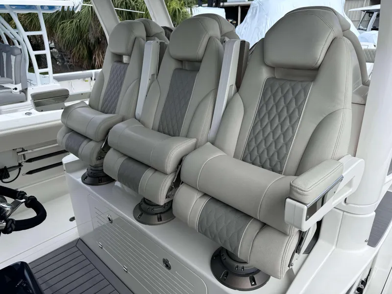 Slide: The Image of Luxurious seating on the 2025 Solace 41 CS boat, featuring ergonomic design and premium materials. - 20