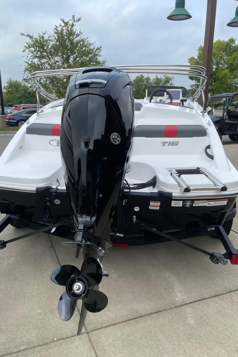 Slide: The Image of 2024 Tahoe T16 boat with outboard motor, rear view. - 3